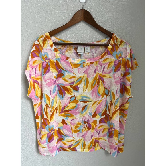 Joie Women's Boxy 100% Linen Floral Tee Sz L - Picture 1 of 3